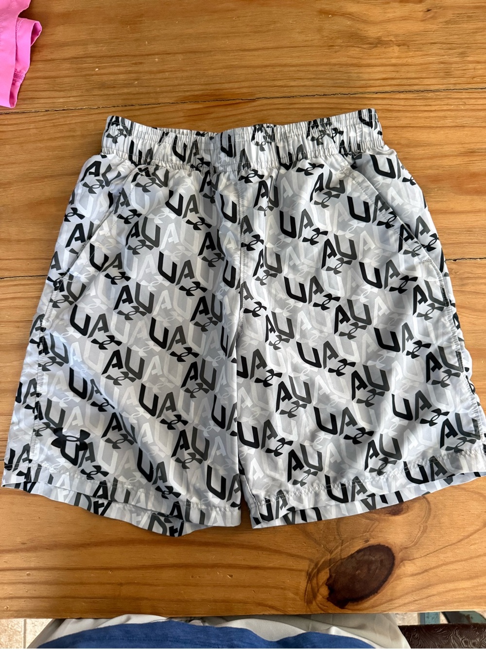 Youth Under Armour Gray and Black Logo Print Athletic Shorts